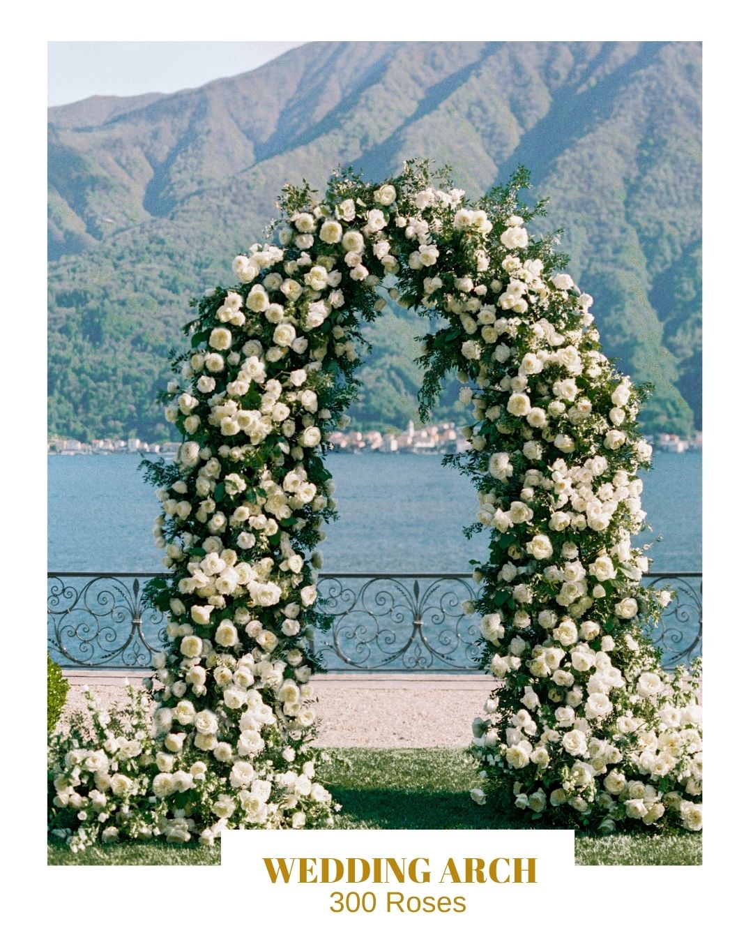 Beautiful garden rose arch with lake in the background