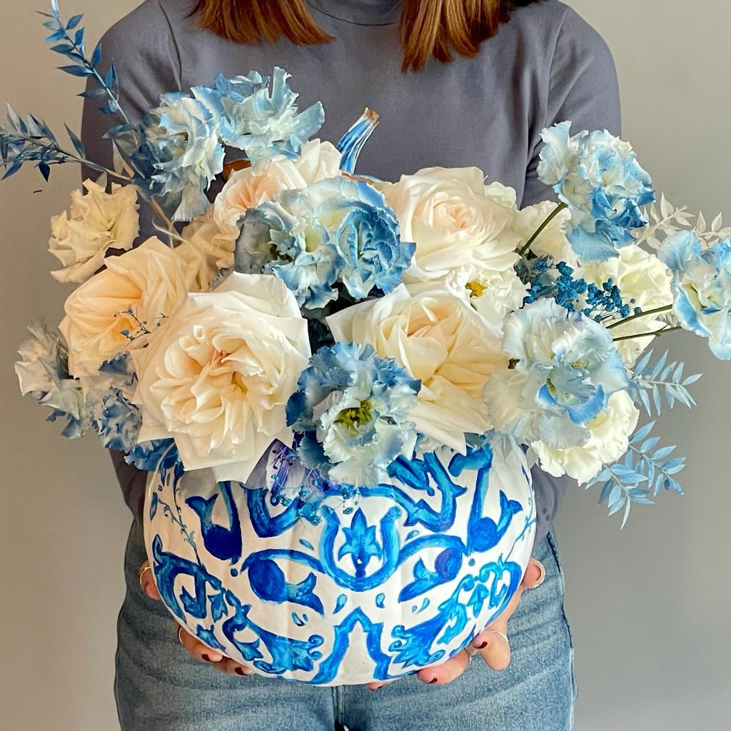 Blue and white painted pumpkin vase with fragrant White O’Hara garden roses and flowers by Alina Neacsa.